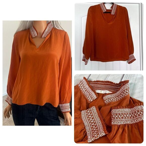 Marie Oliver Large Rust Burnt Orange Silk Blouse Peasant Top Embroidered Boho - Picture 1 of 7